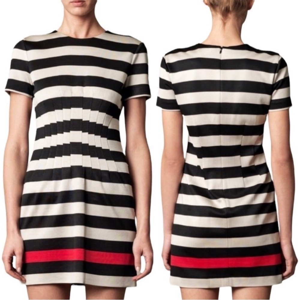 Diane Von Furstenberg Black and White Striped Mini Dress with Red Detail